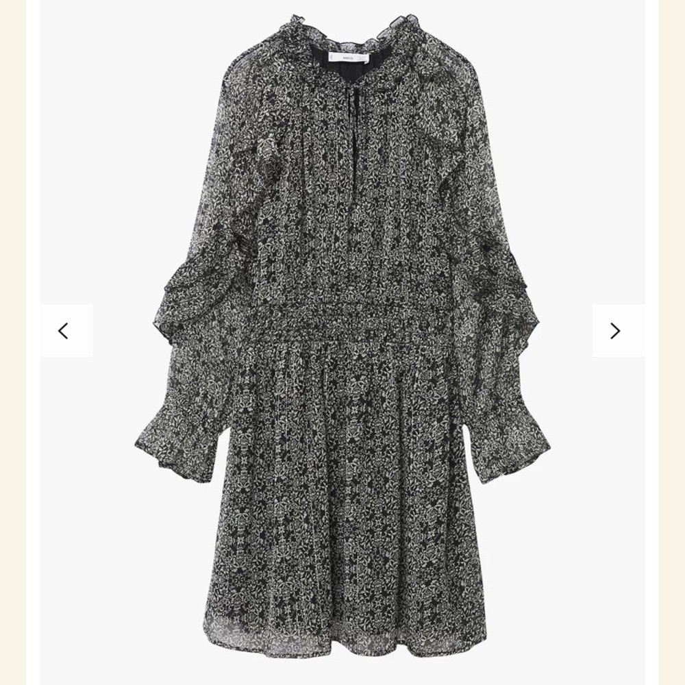 Mango Grace abstract sheer ruffle long sleeves dress 👗 🖤